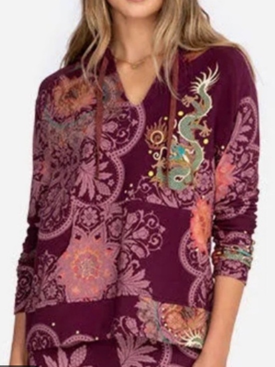 Johnny Was Tops - Johnny was hoodie Bohemian Dragon Print Hoodie in Deep Plum